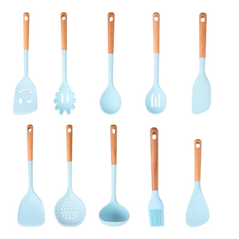 10-Piece Silicone Kitchen Utensil Set - Wooden Handles