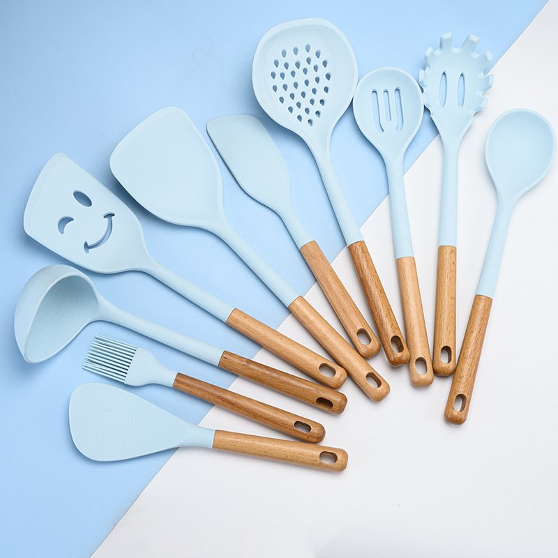 10-Piece Silicone Kitchen Utensil Set - Wooden Handles